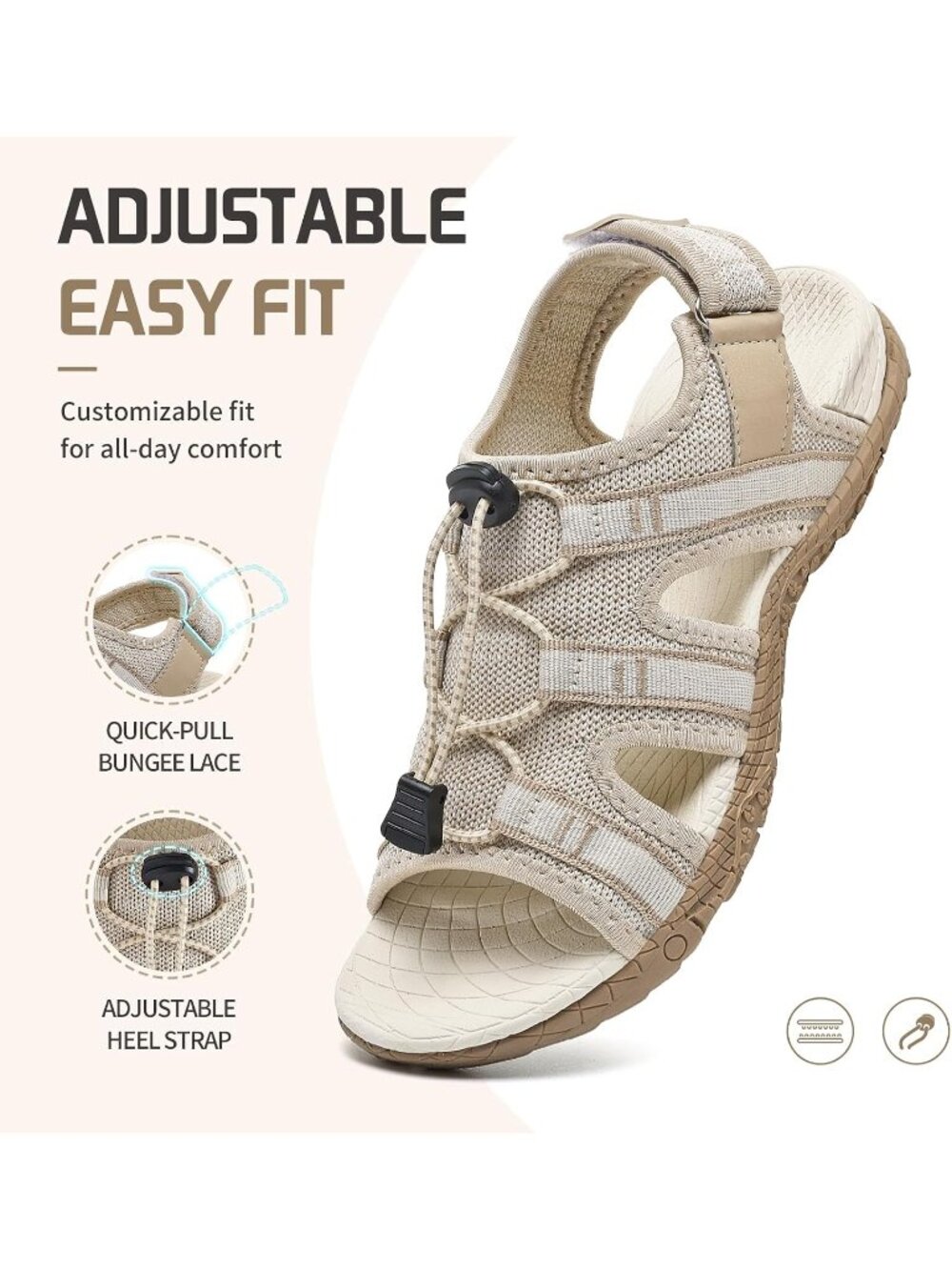 Women's Beige Mesh Orthopedic Arch Support Adjustable Sport Walking Sandals - Picture 4 of 6